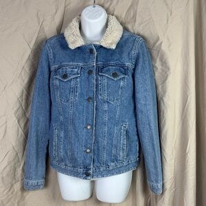 Topshop women’s shearling lined moto trucker denim jean jacket size 6